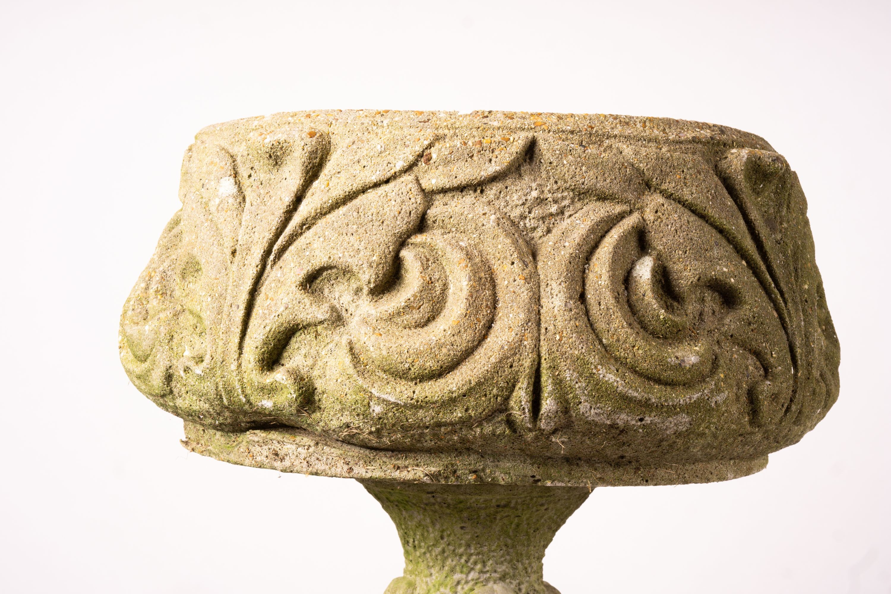 A pair of reconstituted stone circular garden planters on pedestal bases, diameter 45cm, height 110cm